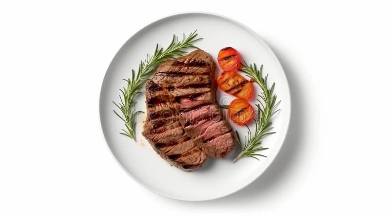 Steak in Scheiben gegrillt mit Saucen Tomaten und Rosemar auf weißem Hintergrund Generative ai vektor abbildung