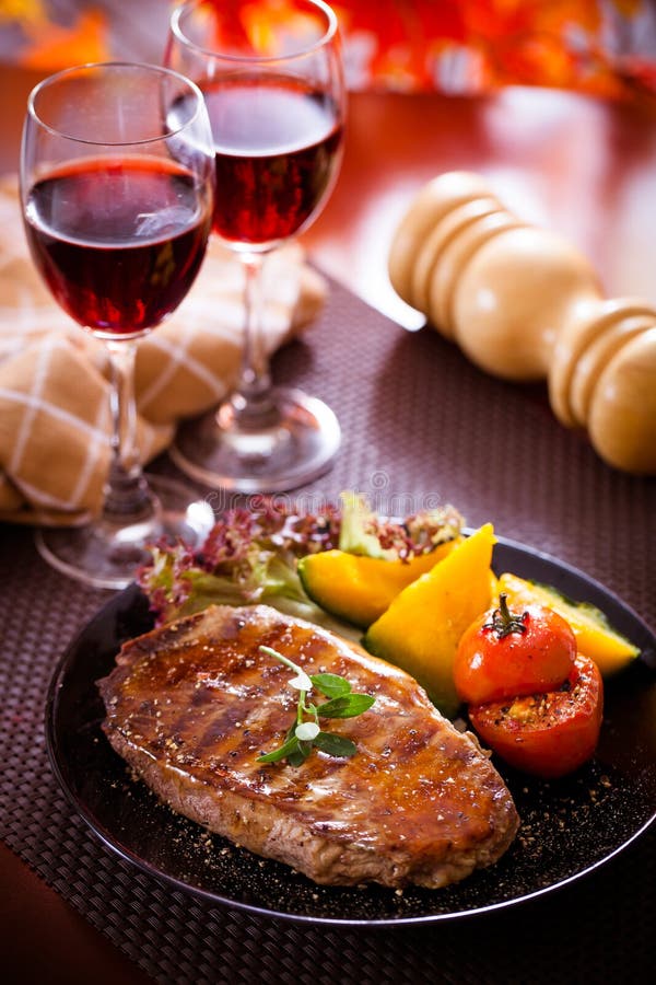 Steak and wine stock photo. Image of meal, wine, cooking 125924428
