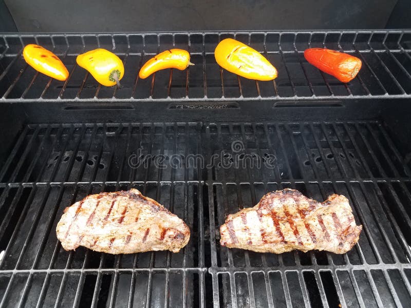 Steaks on Barbecue Grill with Colorful Peppers Stock Photo Image of