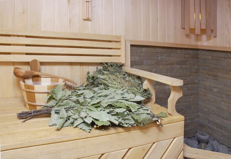 Wooden wash-tub, scoops and oaken besoms in steam bath-room. Warm steam stock images, royalty-free photos and pictures