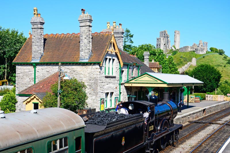 Steam train at Corfe Railway Station.