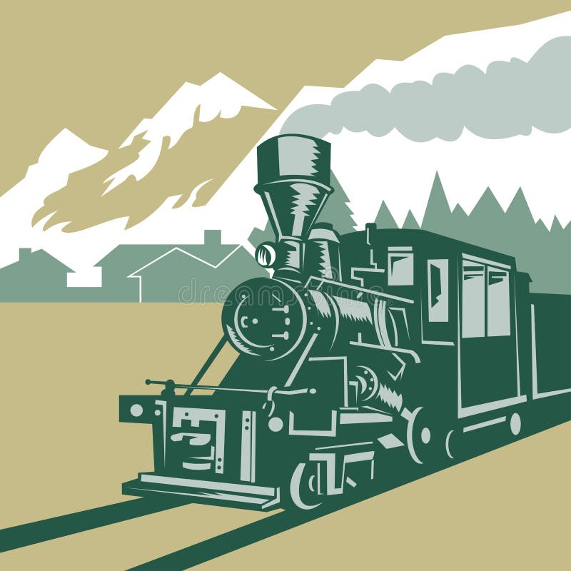 Steam train with mountains