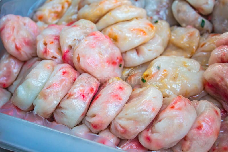 Steamed dumpling stuffed with garlic chives, Kanom Kuicheai stock image Steamed dumpling stuffed with garlic chives, Kanom Kuicheai stock image