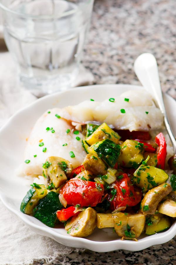 Steamed Fish Fillet with Vegetables Stock Image Image of sauce, lemon
