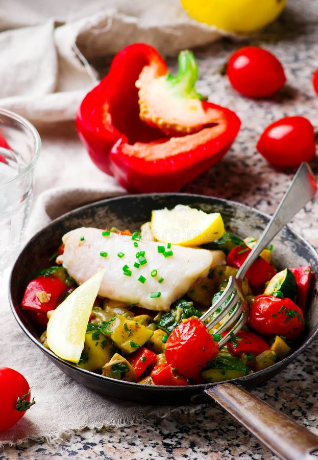 Steamed Fish Fillet with Vegetables Stock Image Image of sauce, lemon