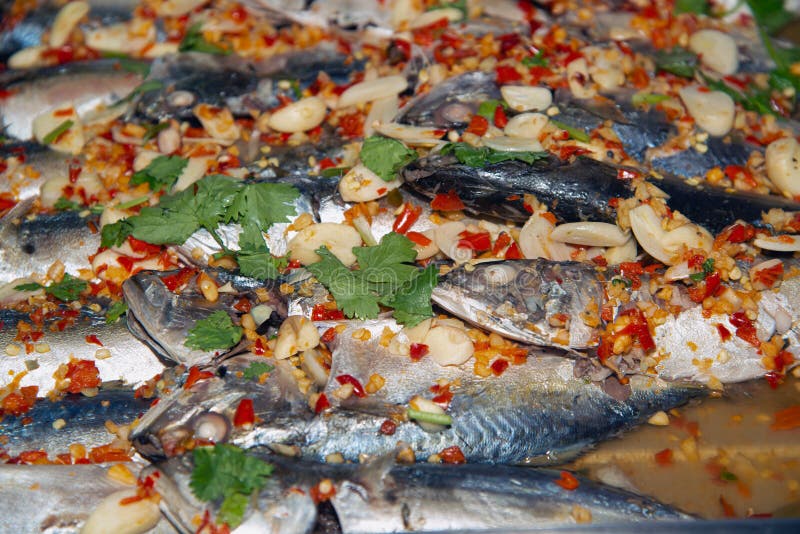 Steamed Mackerel with Lemon on a Tray. Stock Image Image of garlic