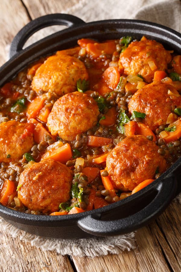 Steamed Meatballs Turkey with Lentils and Vegetables Closeup in a Pan