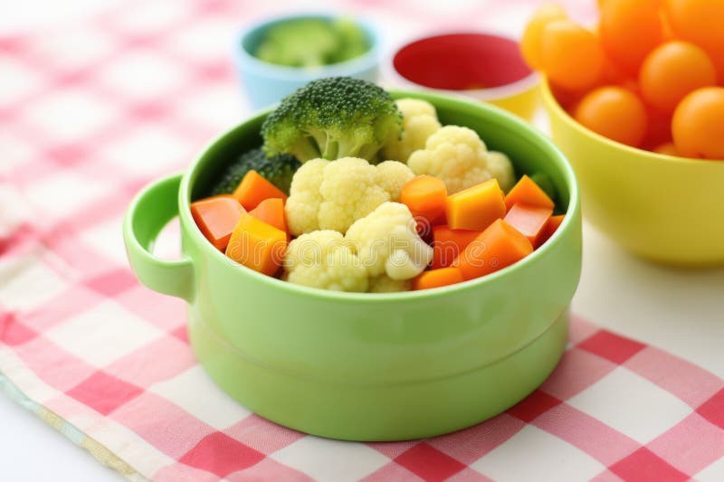 Steamed Mixed Vegetables in a Toddlers Bowl Stock Illustration