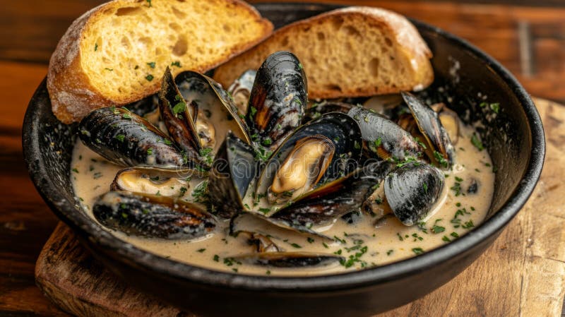 Steamed Mussels in Creamy Sauce mit Crusty Brot stock abbildung