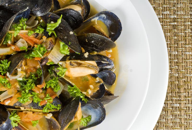 Steamed Mussels in Tomato and Garlic Broth Stock Image Image of grape