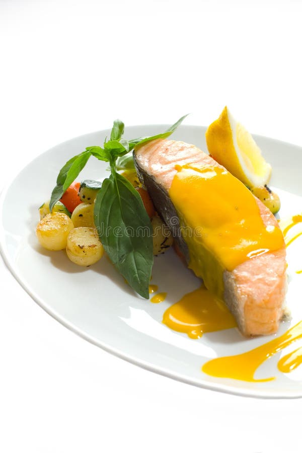 Steamed Salmon with Mango Sauce Stock Image - Image of potato, cafe