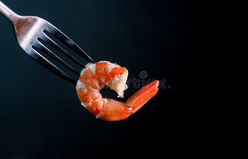 Steamed shrimp on fork isolated on dark background with copy space. Seafood buffet in restaurant concept. Use for seafood buffet promotions advertising