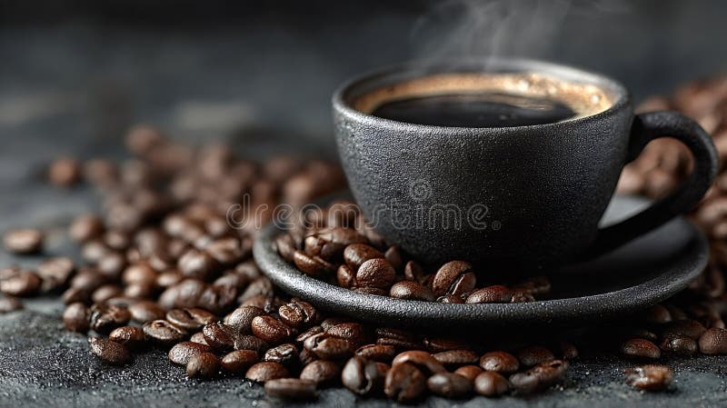Steaming black coffee cup surrounded by roasted beans stock image