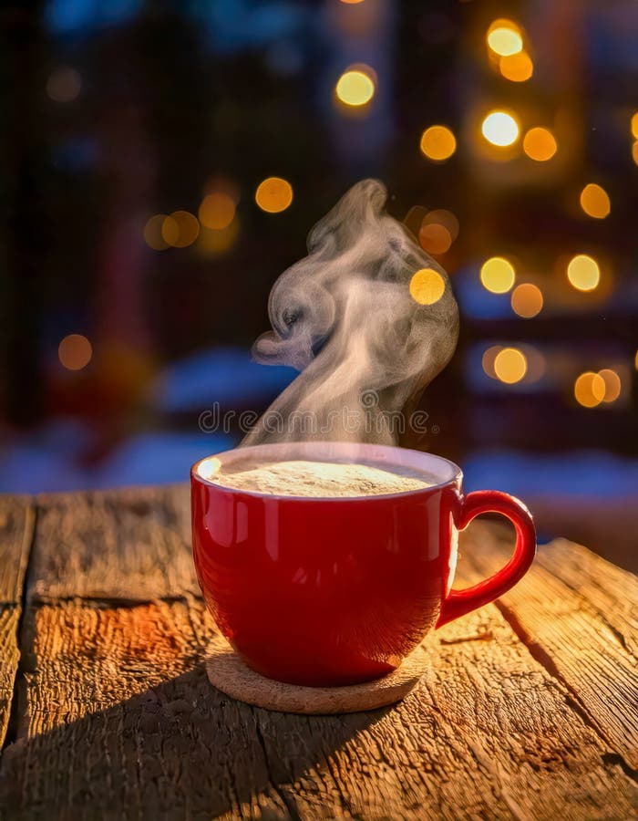 A steaming cup of cocoa sitting on a wooden table on a cold winter evening stock illustration