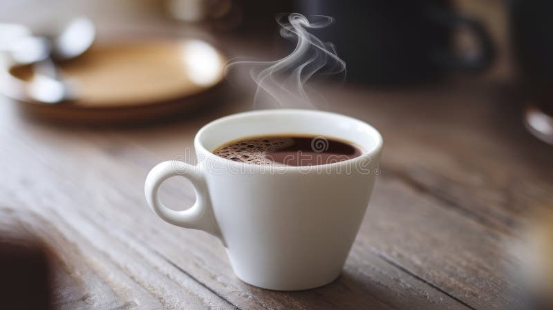A steaming cup of coffee sits on a wooden table, inviting warmth and comfort. royalty free illustration