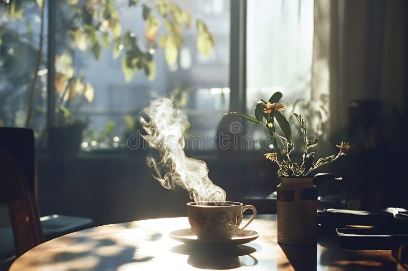 Steaming cup of coffee or tea by window with flowers in morning sunlight royalty free stock photography