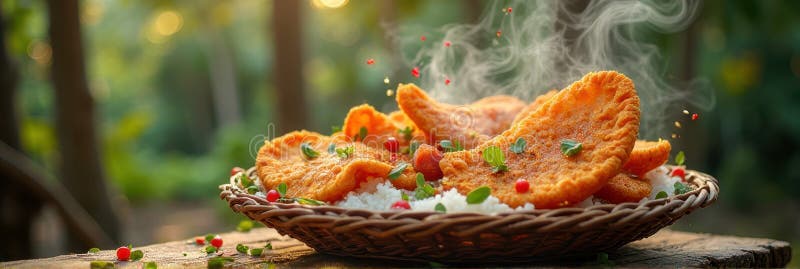 Steaming fried empanadas on a rustic plate with fresh herbs and berry garnish outdoors that the image is generated using ai lizenzfreies stockfoto