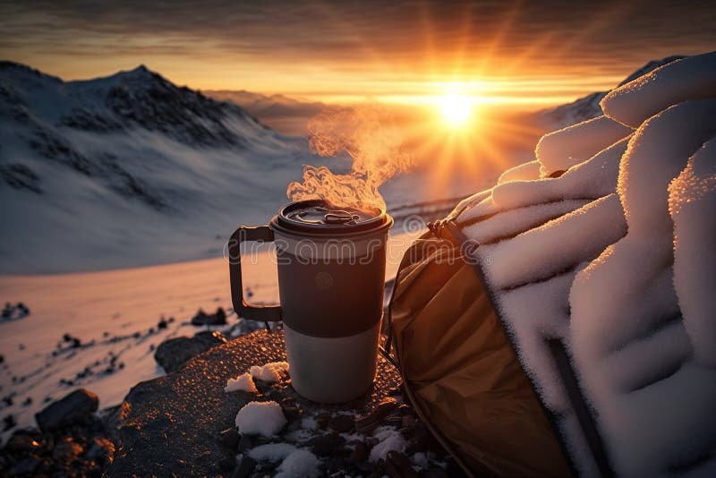 A Steaming Hot Coffee Top of a Snowy Mountain Stock Illustration ...