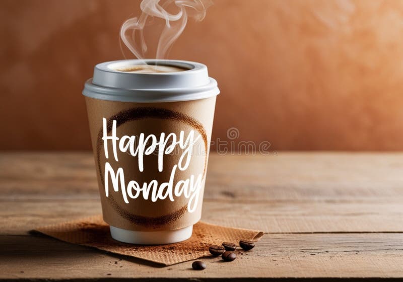 Cozy Coffee Cup with \'Happy Monday\' Handwritten Script and Coffee Beans stock illustration