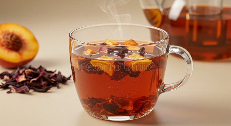 Steaming Peach Hibiscus Tea i Glass Cup vektor illustrationer