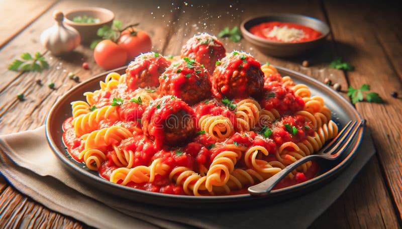 Steaming Plate of Rotini Pasta Topped with Meatballs, Marinara Sauce