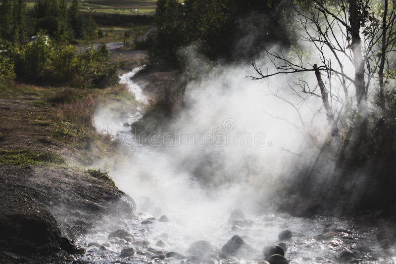 Steaming river in iceland sunshine, near Geysir royalty free stock photos Steaming river in iceland sunshine, near Geysir royalty free stock photos