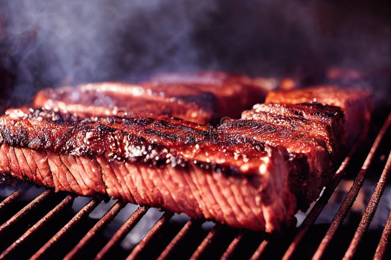 Steaming Steaks with Brown Crust Lying on Smoker Grill Grate Stock