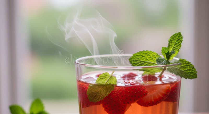 Steaming Strawberry Mint Tea in Glass stock illustration