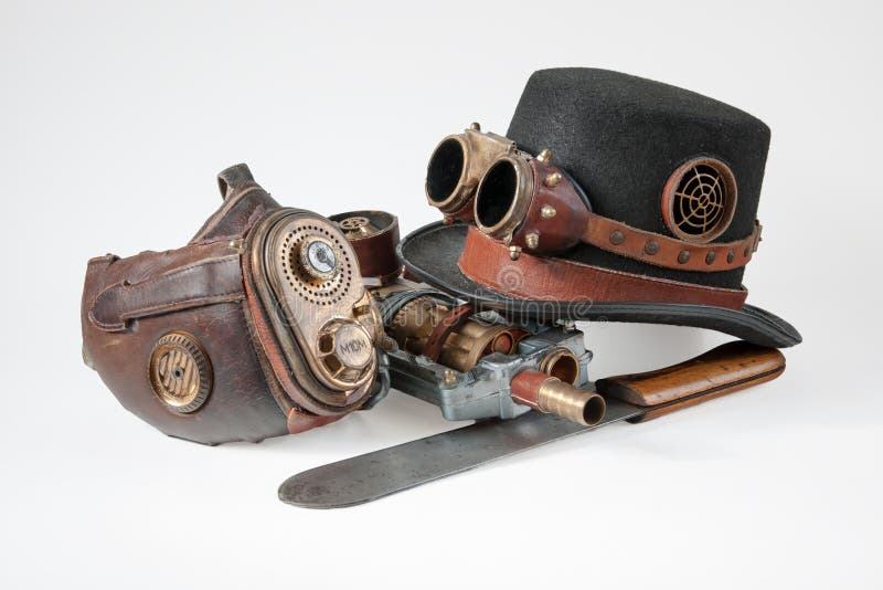 Steampunk Accessories Hat, Goggles, Gun, Mask and Knife Stock Photo