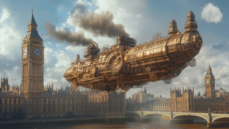Steampunk Airship Over London vektor abbildung