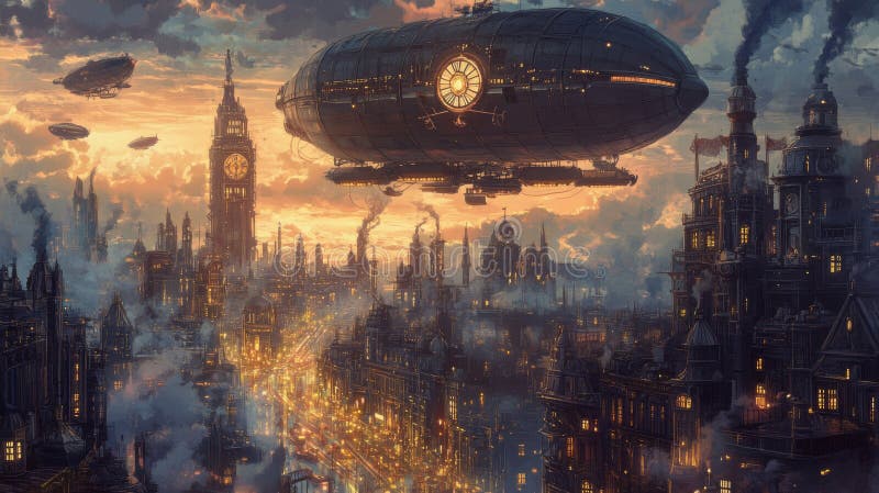 Steampunk Airship Over London at Sunset stock abbildung