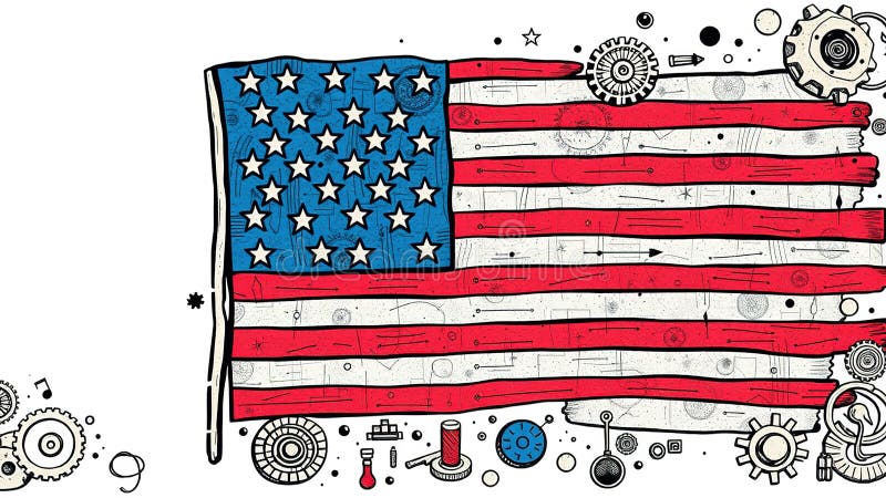 Steampunk American Flag Doodle Art on Vintage Aged Paper A Patriotic Industrial Design for Decor stock abbildung