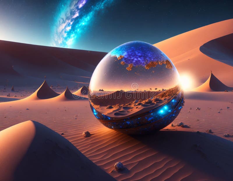Steampunk Cracked Eggs in a Dunes, Nighttime, Blue Tones, Milky Way
