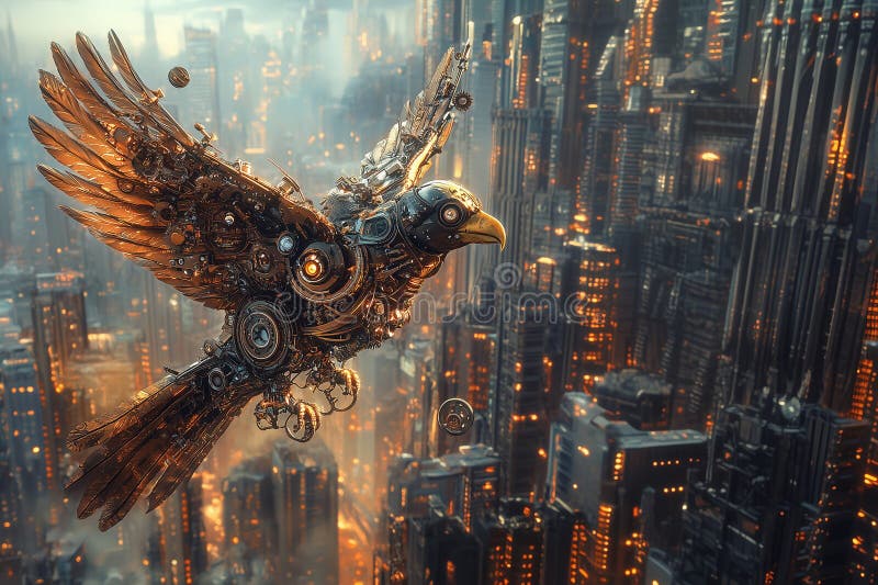 Steampunk Eagle sår över en framtida storstad royaltyfri illustrationer