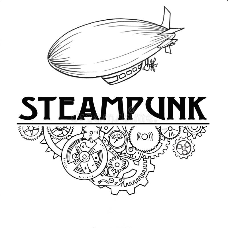 Steampunk etykietka z przemysłowymi maszyn przekładni łańcuchami i technicznymi elementami, ręka rysująca ilustracja