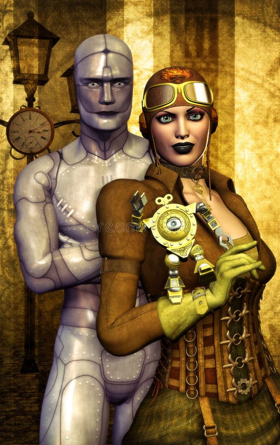 Steampunk girl and robot