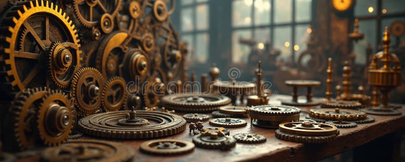 Steampunk inventor workshop filled with gears clockwork details. Brass, copper elements, vintage victorian era design. royalty free illustration