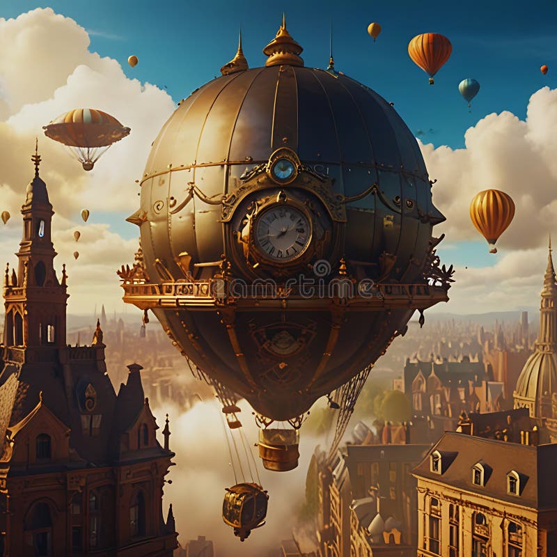 Steampunk-Luftschiff über eine viktorianische Stadt stock abbildung