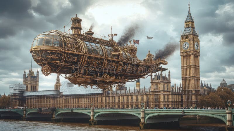Steampunk-Luftschiff über London 1 vektor abbildung
