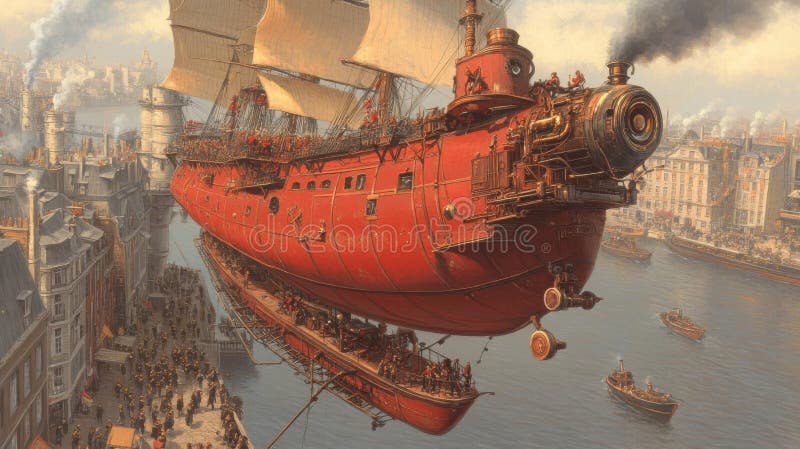Steampunk-Luftschiff über Stadt lizenzfreie abbildung