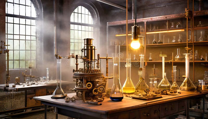 Steampunk Mad Scientist Laboratory Background stock illustration