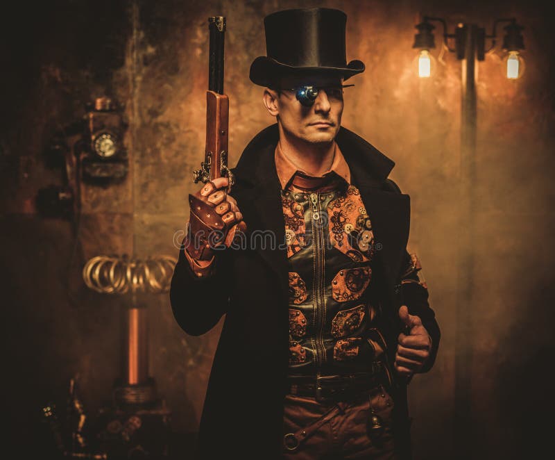 Steampunk man with gun on vintage steampunk background