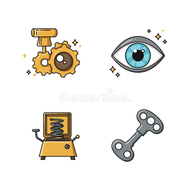 Steampunk mechanical eye gears spring key vector illustration set in colorful style royalty free illustration