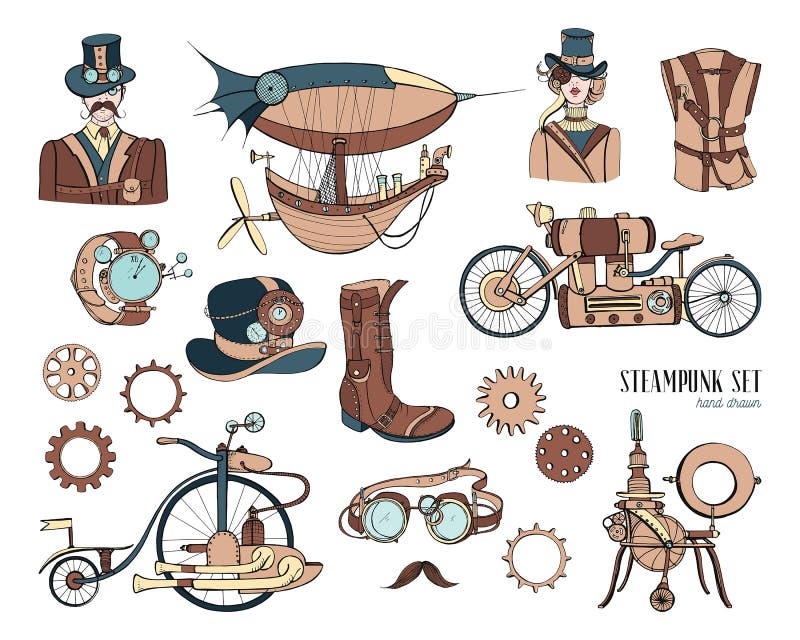Steampunk objects and mechanism collection: machine, clothing, people and gears. Hand drawn vintage style illustration
