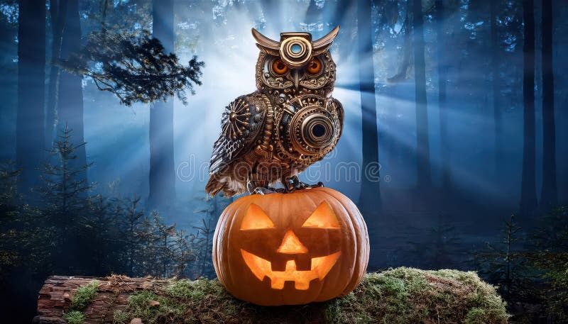 Steampunk Owl på JackoLantern A Majestic Steampunk Owl Perched atop a Glowing JackoLantern in a Mystical Steampunk World stock illustrationer