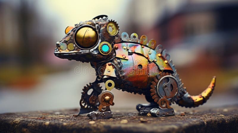 Steampunk rainbow colored chameleon lizard toy made from rusty metal cutout sheet - generative AIs. Steampunk chameleon lizard toy made from rusty metal cutout sheets, welded mechanical gears and cogs, rainbow oil slick anodized colors, adorably different and cute - generative AI