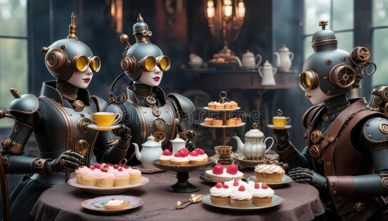 Steampunk Robots Enjoying Afternoon Tea with Cupcakes stock photo