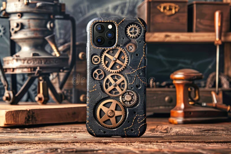 Steampunk Smartphone Gehäuse auf Werkbank mit kompliziertem Getriebe rustikale Werkzeuge im Hintergrund schaffen industriellen Cha lizenzfreie abbildung