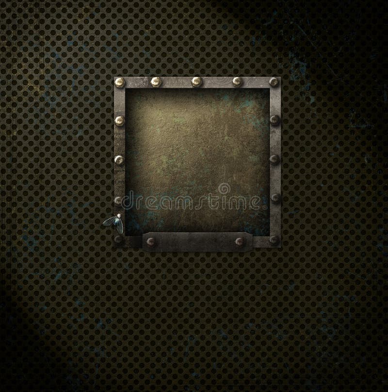 Steampunk square on metal mesh stock photo