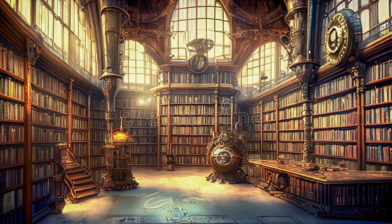 Steampunk Grand Library Background, Books Stock Illustration ...